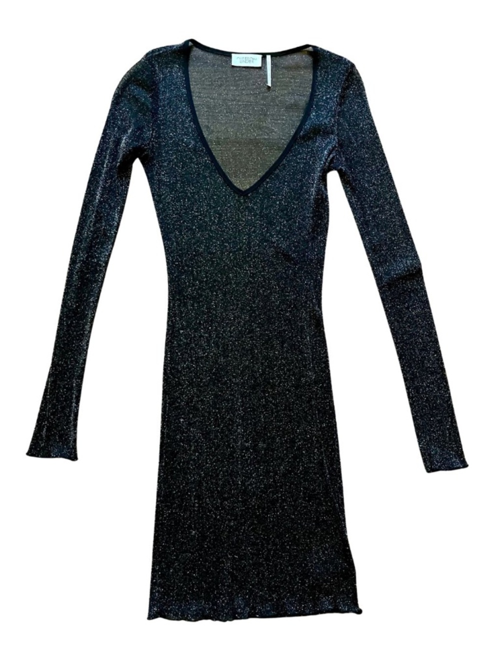 Sheer Black Silver Sparkly Long Sleeve V Neck Bodycon Mini Dress Y2K Festival
